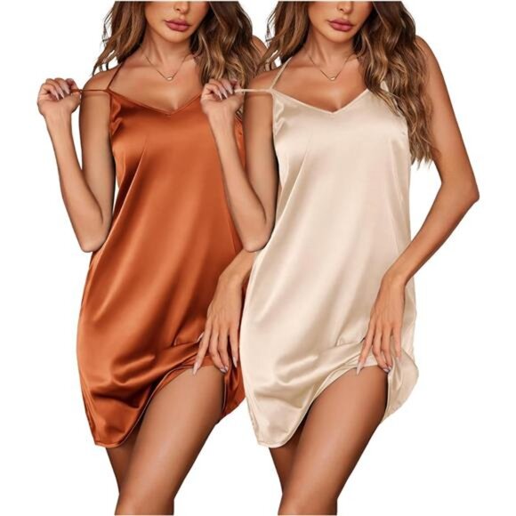 Women's Pack Satin V Neck Slip Dress Chemise Nightgown Sleepwear